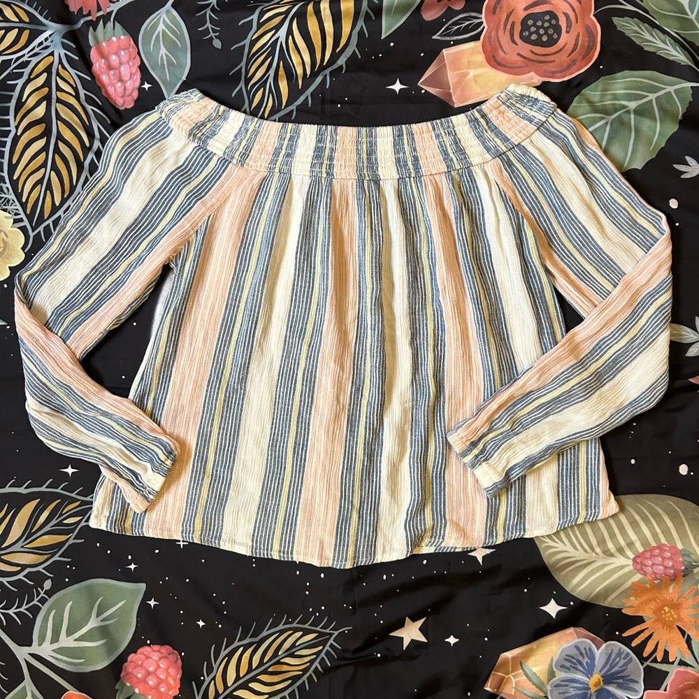 **CAPE JUBY** Rayon Pink/Blue/Yellow Strip, Off-Shoulder, Long-sleeve Top. XS